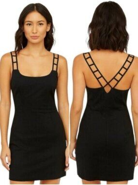 Andrea Polizzi for Rex Lester Black Linen Strappy Cutout Crisscross Mini Dress